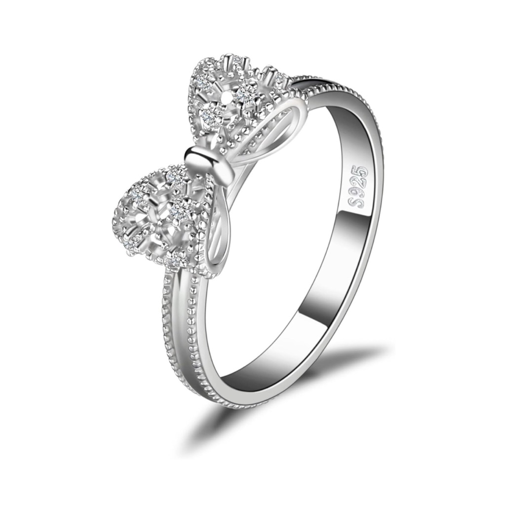 18k White Gold Coquette Bow Swarovski Crystal Ring Dainty Feminine Cottage Girl